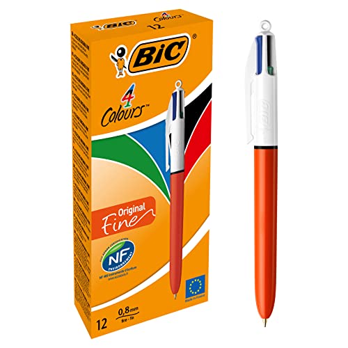 BIC 4 Colores Original Fine Bolígrafos Retráctiles Punta Fina (0,8 mm) - Caja de 12 bolígrafos, Color naranja