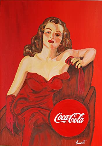 Cuadro en lienzo pintado a mano en colores acrílicos, titulado COCA-COLA MUJER DE ROJO de medidas 50X70X4 cm. No necesita marco. Artista Ernest Carneado Ferreri