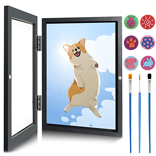 HKQP Marcos Para Dibujos de Niños (Negro) 26 * 35 * 3.5cm Marco de Obras de Arte Para Dibujos, Marco Extensible Con 6 Sellos de Dibujos Animados y 3 Pinceles Para Pintar 10 Piezas