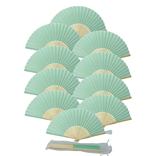 FANSOF.FANS Paquete de 10 ventiladores de mano de tela con una borla de grado A de bambú costillas para fiestas y bodas (turquesa claro)