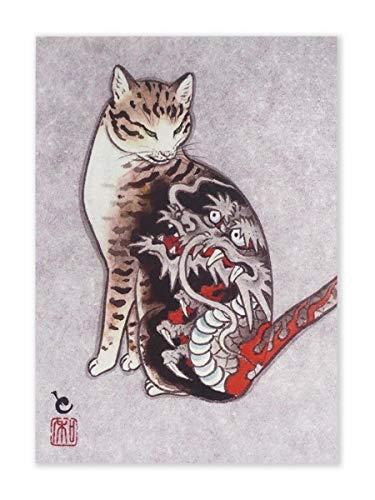 CoolChange Poster Gato japonés en Estilo Ukiyo-e | Imagen de Gato Hecha de Espuma Dura | Poster 30x42cm | Tema: Gato con tatuage