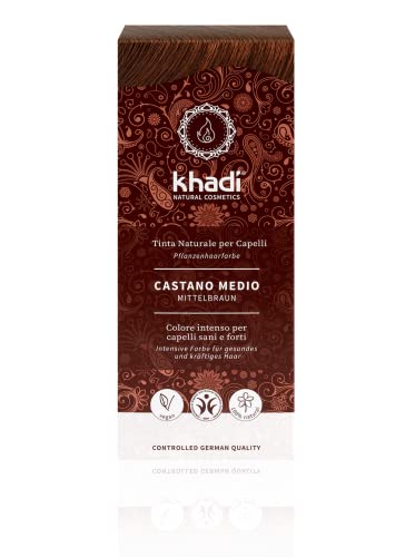 khadi MEDIUM BROWN tinte vegetal, coloración para el cabello de castaño canela vivo y cálido a castaño medio fuerte y profundo, color natural 100% vegetales, natural y vegano, cosmética natural, 100g