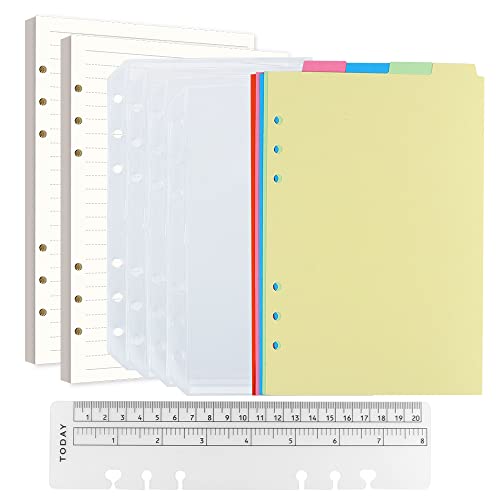 Juego de Notebook A5 Recargable,2 Paquetes/160 Hojas A5 Papel de 6 Orificios Recargas para Papel Filofax,5 Divisores de Color A5 de Tema,4 Bolsillos Carpetas y 1 Regla de Escala(20CM)