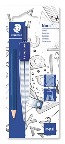 Staedtler 550 55 BK Compás escolar con adaptador universal y lápiz pequeño adicional en blíster, color azul/plateado