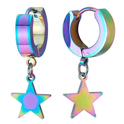2 Arco iris Pendientes del Aro Colgantes Estrella Pentagrama, Pendientes para Hombres Mujer, Acero Inoxidable