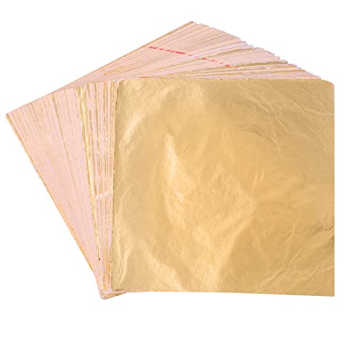 150 Hojas Pan de Oro, 14 x 14 cm Hojas de Pan de Oro de Imitación, Papel de Oro Manualidades para Decoración Arte de Uñas, Obras de Arte (Oro)