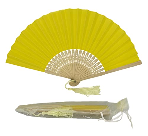 Abanico plegable de mano de papel con borla y varillas de bambú de grado A para mujeres y niñas, regalo de fiesta de verano, cumpleaños, boda (amarillo verdoso)