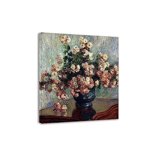 DHAEY Cuadros flores para sala de estar. Crisantemos de Claude Monet. Reproducción de pinturas. Lienzo Pintura para pared lienzo envuelto 80x96cm