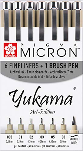 SAKURA PIGMA YUKAMA ® Art-Edition, 6 rotuladores de punta fina Pigma Micron y un rotulador de punta de pincel negros