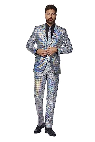 OppoSuits Traje Plateado para Hombre - Traje de Fiesta de Fin de año - Plateado holográfico a Cuadros - Incluye Chaqueta Americana, Pantalones, Corbata