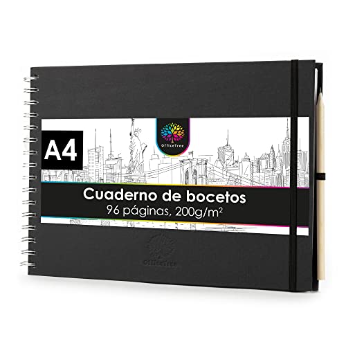 OfficeTree Cuaderno de dibujo A4 con anillas - Horizontal - 96 páginas, 48 hojas - Bloc dibujo A4 200 g - Bloc de dibujo para acuarela - Cuaderno dibujo con lápiz