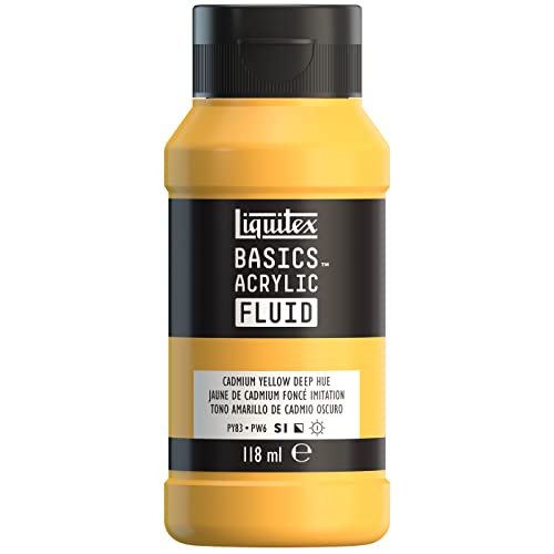 LIQUITEX Basics Fluid - Pintura acrílica de consistencia fluida, secado rápido, resistente a la luz, impermeable, acabado satinado permanente, bote 118 ml, tono amarillo de cadmio oscuro