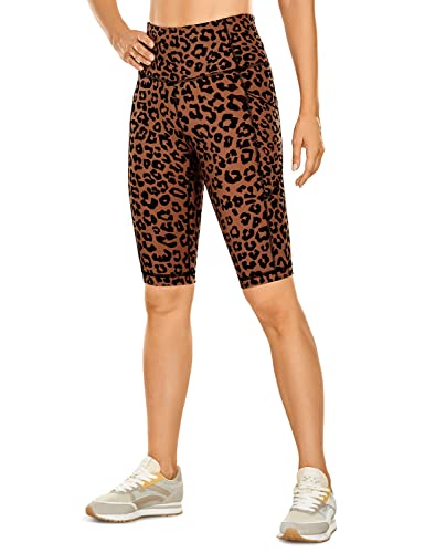 CRZ YOGA Mujer Pantalones Cortos Entrenamiento para Yoga Mallas para Correr con Bolsillos -25 cm Estampado de Leopardo Amarillo Anaranjado 36
