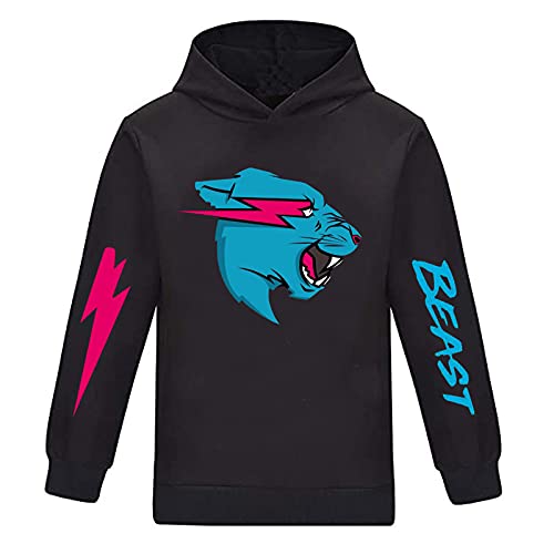 Mr Beast - Sudadera con capucha para niños y niñas, sudadera de manga larga con dibujos animados, camiseta clásica, Negro, 11-12 Años