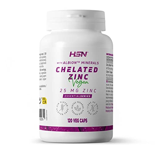 Zinc 25 MG - Materia prima: Albion™ Minerals - de HSN | 120 Cápsulas Vegetales de 25 MG Zinc Puro de Bisglicinato de Zinc Quelado | No-GMO, Vegano, Sin Gluten