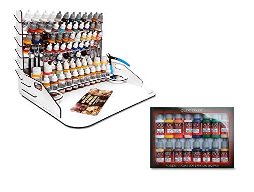 Paint Station con Mesa de Trabajo pequeña con Extensión y pack de 16 Pinturas Acrilicas Vallejo, Ordena los botes, Pinceles y herramientas, para pintar Miniaturas, Warhammer, Warhammer 40K, Maquetas