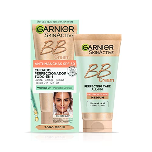 Garnier BB Cream Anti Manchas FPS 50, Hidratante Todo en uno con color tono medio, Glicerina vegetal, Vitamina E, Unifica, Protege e Hidrata, 50 ml (Paquete de 1)