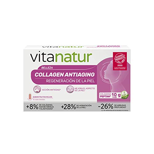 Vitanatur - Collagen Antiaging. Complemento Alimenticio que ayuda a la Regeneración de la Piel, con Acción Antiedad. Sabor Frutos Rojos - 10 Viales Bebibles