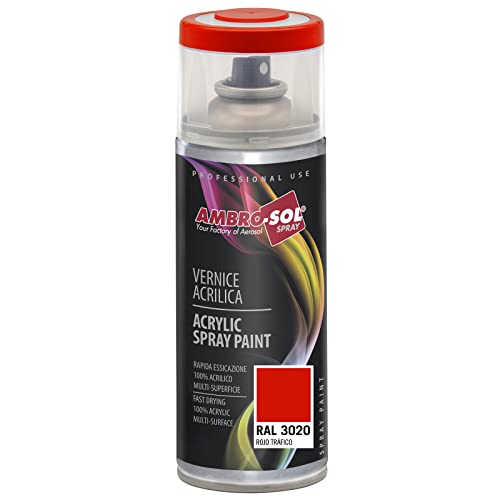 AMBRO-SOL - Pintura acrílica en spray, color Rojo Trafico, RAL 3020, resultado profesional en múltiples superficies, exteriores e interiores, 400 ml