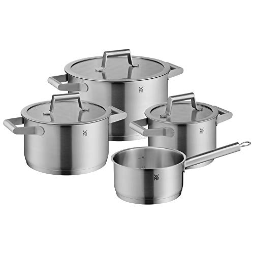 WMF Comfort Line Batería de cocina 4 piezas, cazo incluído de inducción, juego de ollas con tapa de vidrio, acero inoxidable mate Cromargan, escala, juego de ollas apilables, sin recubrimiento