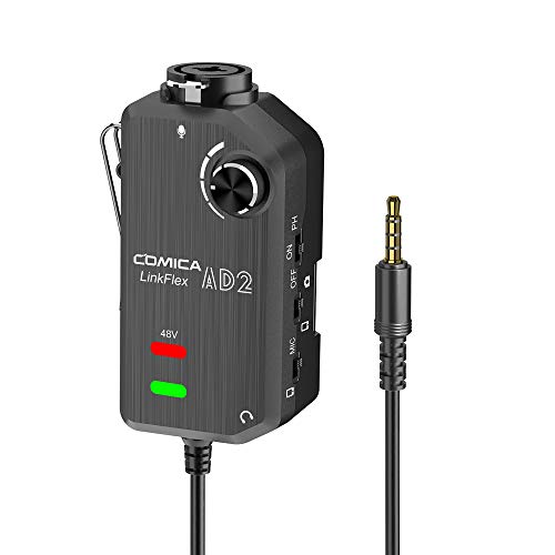 Comica LINKFLEX.AD2 XLR / 6.35mm Preamplificador de micrófono, monitor en tiempo real, adaptador de audio de interfaz XLR/guitarra para iPhone, dispositivo Android y cámaras DSLR
