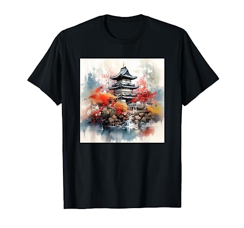 Antiguo Templo Japonés Tradicional Árboles Japón Tinta Pintura Arte Camiseta