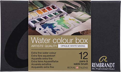 Rembrandt Water Colour Box Opaque White Mixing - Pintura de acuarela extrafina, caja de metal con 12 cuencos de colores mezclados con pincel