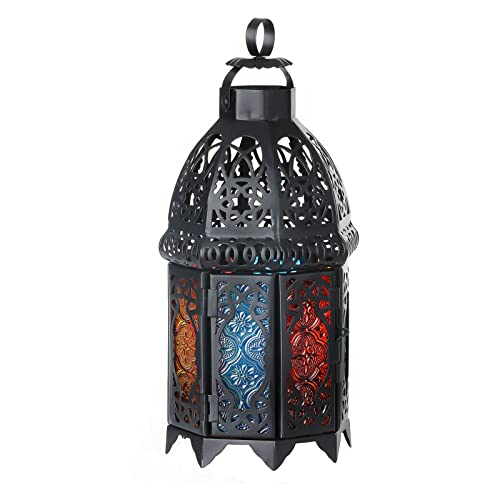 Lewondr Linterna Decorativa, 27CM Faroles para Velas Octogonales de Vidrieras de Colores de Estilo Marroquí Vintage, Lámpara de Mesa de Hierro para Decoración Ramadan Hogar Patio Jardín Dormitorio