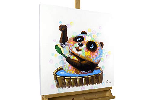 Kunstloft® Cuadro en acrílico 'El baño del Panda' 60x60cm | Original Pintura XXL Pintado a Mano sobre Lienzo | Animal Panda Oso Bañera Multicolor | Cuadro acrílico de Arte Moderno con Marco