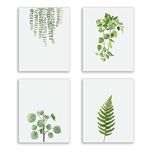 KAIRNE Juego de 4 Cuadros de Hojas Verdes pared, Planta Pósteres en Lienzo, Cuadros Decoración Salón/Comedor/Pasillo/Recibidor/Dormitorio, Cuadro Decorativo Moderno Sin Marco,20×25CM