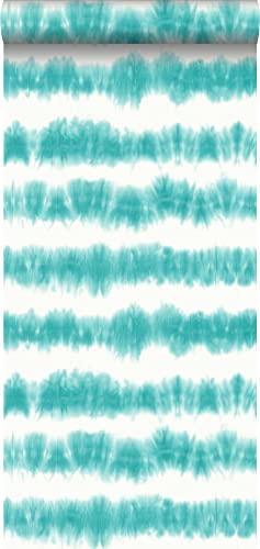 papel pintado pintura de tiza con textura eco diseño a rayas horizontales tie-dye Shibori turquesa intenso y blanco mate - 148687 - de ESTAhome