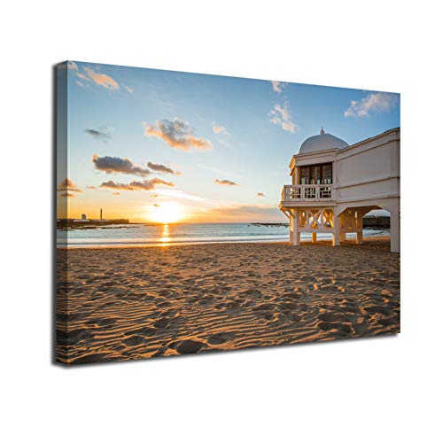 Desconocido Cuadro Lienzo Canvas Playa de la Caleta en Cadiz Andalucia Balneario Puesta de Sol – Varias Medidas - Lienzo de Tela Bastidor de Madera de 3 cm - Impresion en Alta resolucion (120, 80)