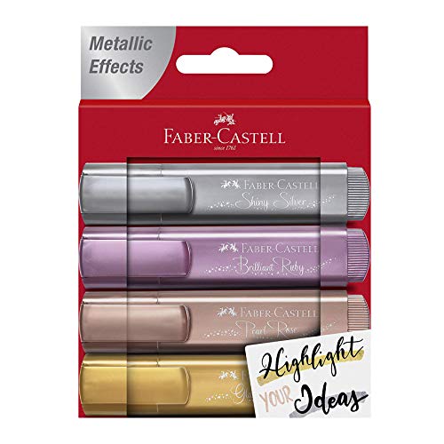 Faber-Castell 154640 Rotulador Fluorescente, 4 Colores metálicos intensos, plata, oro, rubí y rosa perlado