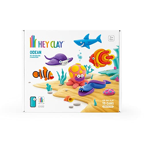 Hey Clay Ocean - Juego de pasta modelable para niños, 6 temas con 15 colores, juego de 6 peces grandes con 2 herramientas, con aplicación interactiva, no tóxica