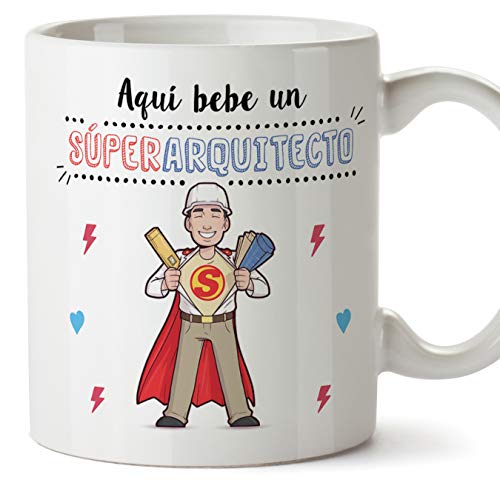 MUGFFINS Arquitecto Tazas originales de café y desayuno para regalar a trabajadores profesionales - AQUÍ BEBE UN SÚPER ARQUITECTO - Cerámica 350 ml