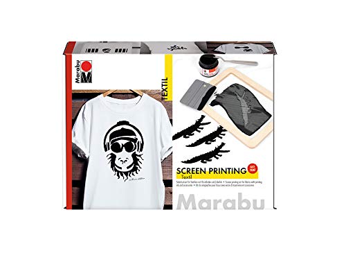 Marabu 1703000000082 - Kit de serigrafía para telas claras y oscuras con 100 ml de tinta de impresión en negro, marco de serigrafía, raspador y cuchillo de paleta