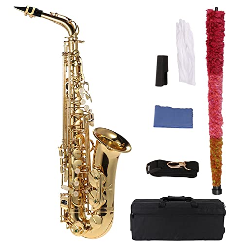Summina - Saxofón alto en Mi bemol de latón chapado en oro, instrumento de viento madera con llave, cepillo y paño de limpieza, guantes, grasa para corcho, correa acolchada y funda
