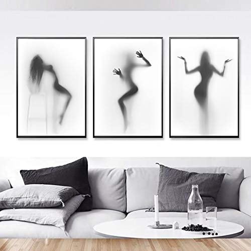 AINLIG Arte de la pared abstracto en blanco y negro Pintura en lienzo Cuadros Belleza Mujeres Chica desnuda Ducha Carteles nórdicos e impresiones Decoración 40X60cmX3 Sin marco