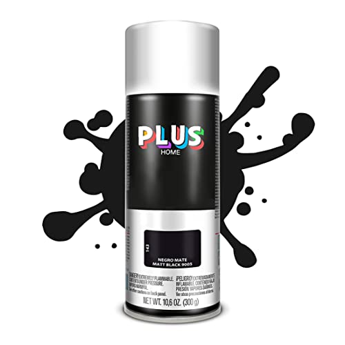 PLUS HOME Pintura Spray 520cc para pintar todo tipo de super cies: madera, metal, cartón, tela, piedra, bra de vidrio, plásticos rígidos, etc para bricolaje y DIY.Negro Mate (Ral:9005)(Paquete de 1)