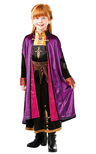 Rubies Disfraz Anna Deluxe Frozen 2 para niña, Vestido en satín Oficial de Anna de Frozen en color violeta, negro, cobre y dorado, y capa de Lujo con detalles en purpurina