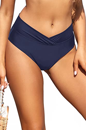 SHEKINI Traje de Baño para Mujer Abdominal Cintura Alta de Bikini Pantalones de natación Ruched Color Sólido Bañadores Retro Ropa de Playa Bikini Bragas (Azul Oscuro B, Large)
