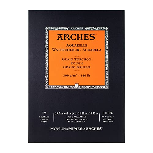 Arches - Papel de acuarela, bloc 12 hojas engomado 1 lado, grano grueso, 300 g/m², A3