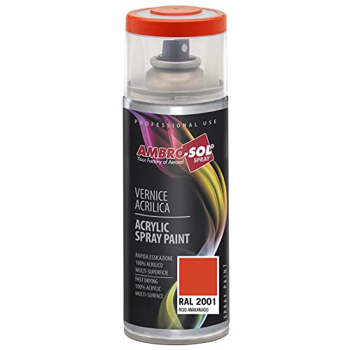 AMBRO-SOL - Pintura acrílica en spray, color Rojo Anaranjado, RAL 2001, resultado profesional en múltiples superficies, exteriores e interiores, 400 ml