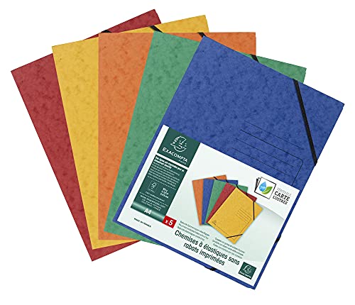 Exacompta 555410E - Lote de 5 Carpetas elásticas sin solapas, cartulina brillante de 355 g/m2, para archivar documentos A4, color azul, amarillo, naranja, rojo y verde