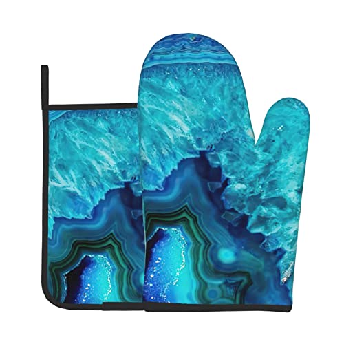 Brillante Aqua Azul Turquesa Geode Piedra Mineral Horno Guantes Calor Para Bbq Juego De Cocina Horno Barbacoa Microondas Guantes Y Pot Sets