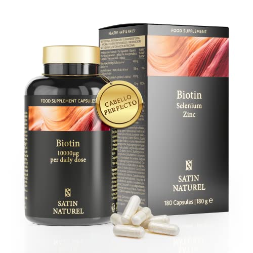 Biotina + Zinc + Selenio - Vitaminas para el Cabello - ALTA DOSIS 10.000 mcg de Biotina para el cabello (Crecimiento), Pelo, Piel, Uñas - 100% Vegano, Sin Aditivos - Calcio + Cobre - Satin Naturel