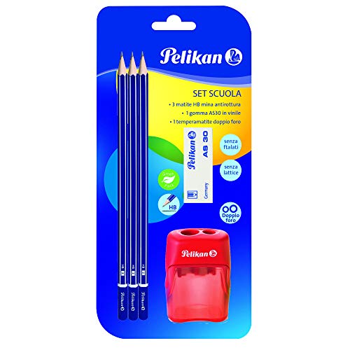 Pelikan - Set Escolar, 3 Lápices Grafito 2B, Sacapuntas Doble, Goma AS30, Madera, Forma Triangular Ergonómica, Material Escolar, Oficina, Papelería