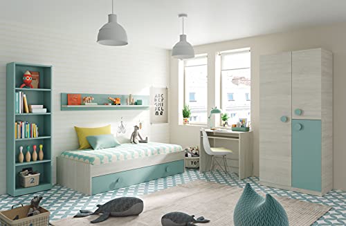 Miroytengo Dormitorio Completo para Habitación Juvenil o Infantil en Color Verde y Blanco con un Somier Incluido