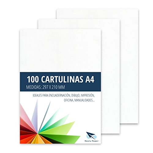 Raylu Paper® Cartulinas A4 100 unidades de color blanco, 180gr 210 x 297 mm, Ideal para encuadernación, trabajos de oficina, dibujo, manualidades. aptas para uso escolar. (Blanco)