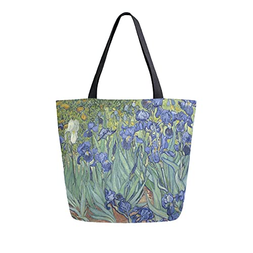 MeetuTrip Van Gogh Iris Bolsa de lona para pintura al óleo para mujer, grande, reutilizable, bolsa de compras de comestibles, diseño floral, casual, para escuela, adolescentes, niñas, mujeres,